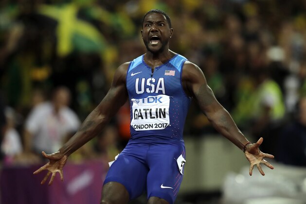 United States' Justin Gatlin reacts after winning the Men's 100 meters final during the World Athletics Championships in London Saturday, Aug. 5, 2017. (AP Photo/Tim Ireland)