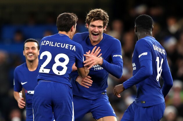 LONDON, ENGLAND - DECEMBER 16:  Marcos Alonso of Chelsea celebrates with Cesar Azpilicueta of Chelsea after scoring his sides first goal during the Premier League match between Chelsea and Southampton at Stamford Bridge on December 16, 2017 in London, England.  (Photo by Catherine Ivill/Getty Images)