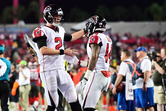 TAMPA, FL - DECEMBER 18: Quarterback Matt Ryan #2 of the Atlanta Falcons and Justin Hardy #14 celebrate after connecting for a touchdown in the first quarter against the Tampa Bay Buccaneers on December 18, 2017 at Raymond James Stadium in Tampa, Florida. (Photo by Julio Aguilar/Getty Images)