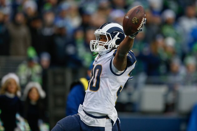 SEATTLE, WA - DECEMBER 17:  Running back Todd Gurley #30 of the Los Angeles Rams celebrates a touchdown against the Seattle Seahawks in the third quarter of the game at CenturyLink Field on December 17, 2017 in Seattle, Washington.  (Photo by Otto Greule Jr /Getty Images)
