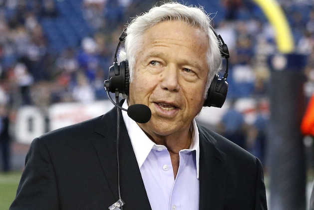 New England Patriots owner Robert Kraft speaks during a television interview on the sideline before an NFL preseason football game against the New York Giants, Thursday, Aug. 31, 2017, in Foxborough, Mass. (AP Photo/Steven Senne)
