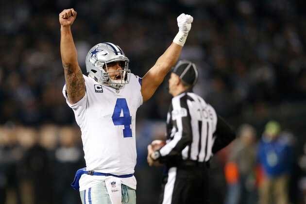 OAKLAND, CA - DECEMBER 17:  Dak Prescott #4 of the Dallas Cowboys celebrates in the final moments of their NFL game against the Oakland Raiders at Oakland-Alameda County Coliseum on December 17, 2017 in Oakland, California.  (Photo by Lachlan Cunningham/Getty Images)