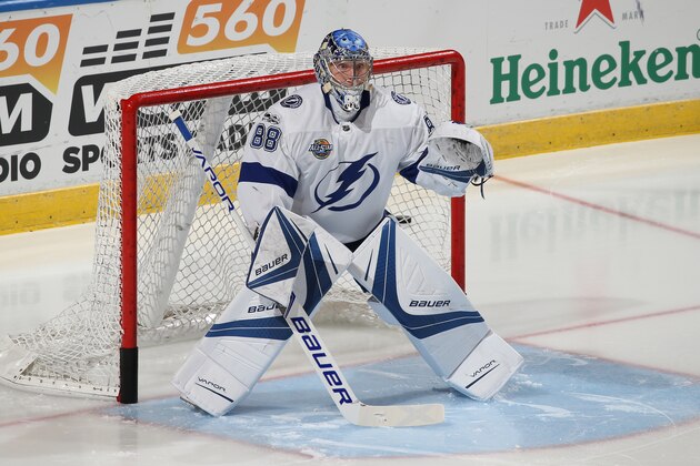 SUNRISE, FL - OCTOBER 30: Goaltender Andrei Vasilevskiy #88 of the Tampa Bay Lightning warms up prior to the game against the Florida Panthers at the BB&T Center on October 30, 2017 in Sunrise, Florida. (Photo by Joel Auerbach/Getty Images)