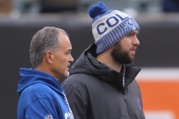CINCINNATI, OH - OCTOBER 29:  Head Coach Chuck Pagano and Adrew Luck #12 of the Indianapolis Colts share a moment before the game against the Cincinnati Bengals at Paul Brown Stadium on October 29, 2017 in Cincinnati, Ohio.  The Bengals defeated the Colst 24-23.  (Photo by John Grieshop/Getty Images)