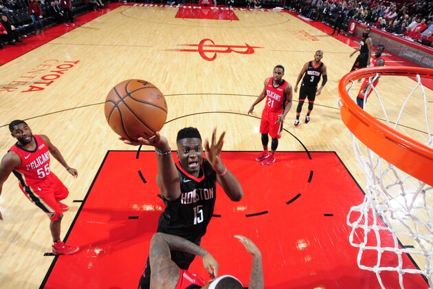 HOUSTON, TX - DECEMBER 11:  Clint Cappella #15 of the Houston Rockets dunks against the New Orleans Pelicans on December 11, 2017 at the Toyota Center in Houston, Texas. NOTE TO USER: User expressly acknowledges and agrees that, by downloading and or using this photograph, User is consenting to the terms and conditions of the Getty Images License Agreement. Mandatory Copyright Notice: Copyright 2017 NBAE (Photo by Bill Baptist/NBAE via Getty Images)