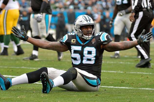 CHARLOTTE, NC - DECEMBER 17:  Thomas Davis #58 of the Carolina Panthers reacts after a play against the Green Bay Packers in the fourth quarter during their game at Bank of America Stadium on December 17, 2017 in Charlotte, North Carolina.  (Photo by Grant Halverson/Getty Images)