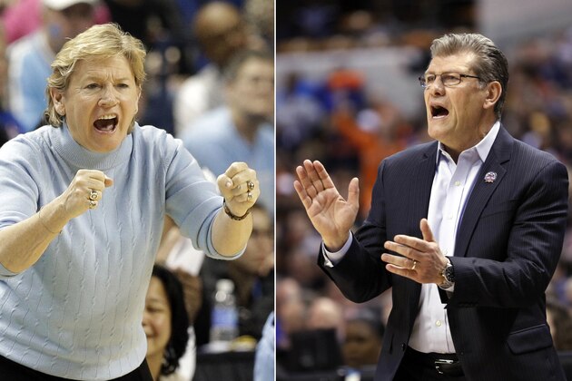 FILE - At left, in a March 6, 2015, file photo, North Carolina coach Sylvia Hatchell shouts to her team during the second half of an NCAA college basketball game against Louisville in the quarterfinals of the Atlantic Coast Conference women's tournament in Greensboro, N.C. At right, in an April 5, 2016, file photo, Connecticut head coach Geno Auriemma yells from the sidelines during the second half of the championship game against Syracuse at the women's Final Four in the NCAA college basketball tournament, in Indianapolis. In an almost unthinkable statistical oddity, Sylvia Hatchell and Geno Auriemma will have the chance to win their 1,000th games on Tuesday, Dec. 19, 2017, joining an elite club. (AP Photo/File)