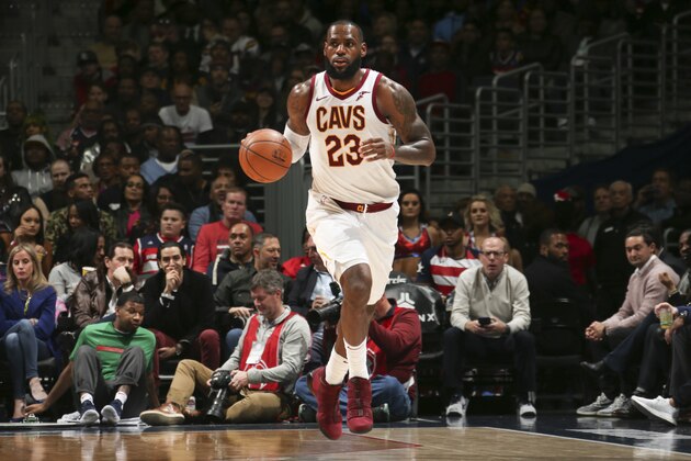 WASHINGTON, DC -  DECEMBER 17: LeBron James #23 of the Cleveland Cavaliers handles the ball against the Washington Wizards on December 17, 2017 at Capital One Arena in Washington, DC. NOTE TO USER: User expressly acknowledges and agrees that, by downloading and or using this Photograph, user is consenting to the terms and conditions of the Getty Images License Agreement. Mandatory Copyright Notice: Copyright 2017 NBAE (Photo by Ned Dishman/NBAE via Getty Images)