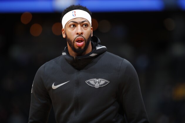 New Orleans Pelicans forward Anthony Davis (23) in the first half of an NBA basketball game Friday, Dec. 15, 2017, in Denver. (AP Photo/David Zalubowski)