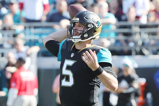 JACKSONVILLE, FL - DECEMBER 17:  Blake Bortles #5 of the Jacksonville Jaguars looks to pass the football in the first half of their game against the Houston Texans at EverBank Field on December 17, 2017 in Jacksonville, Florida.  (Photo by Sam Greenwood/Getty Images)