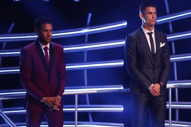 LONDON, ENGLAND - OCTOBER 23:   Lionel Messi, Cristiano Ronaldo and Neymar are named in The Fifa FifPro World XI during The Best FIFA Football Awards Show on October 23, 2017 in London, England.  (Photo by Michael Steele/Getty Images)