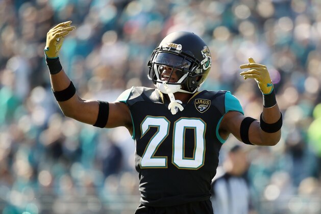 JACKSONVILLE, FL - DECEMBER 17:   Jalen Ramsey #20 of the Jacksonville Jaguars celebrates a play during the second half of their game against the Houston Texans at EverBank Field on December 17, 2017 in Jacksonville, Florida.  (Photo by Logan Bowles/Getty Images)
