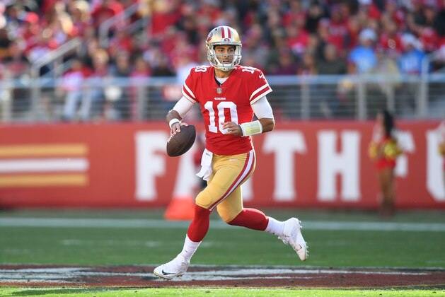 SANTA CLARA, CA - DECEMBER 17:  Jimmy Garoppolo #10 of the San Francisco 49ers looks to pass against the Tennessee Titans during their NFL football game at Levi's Stadium on December 17, 2017 in Santa Clara, California.  (Photo by Thearon W. Henderson/Getty Images)