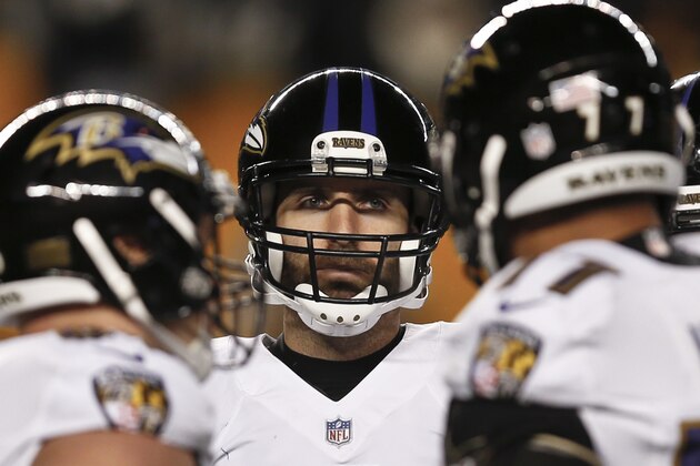Baltimore Ravens quarterback Joe Flacco (5) in the huddle during an NFL football game against the Pittsburgh Steelers, Sunday, Dec. 10, 2017, in Pittsburgh. (AP Photo/Keith Srakocic)