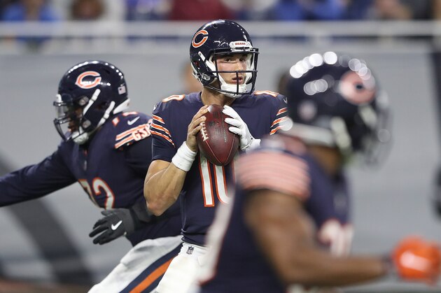 DETROIT, MI - DECEMBER 16: Mitchell Trubisky #10 of the Chicago Bears drops back to pass during the third quarter of the game against the Detroit Lions at Ford Field on December 16, 2017 in Detroit, Michigan. Detroit defeated Chicago 20-10. (Photo by Leon Halip/Getty Images)