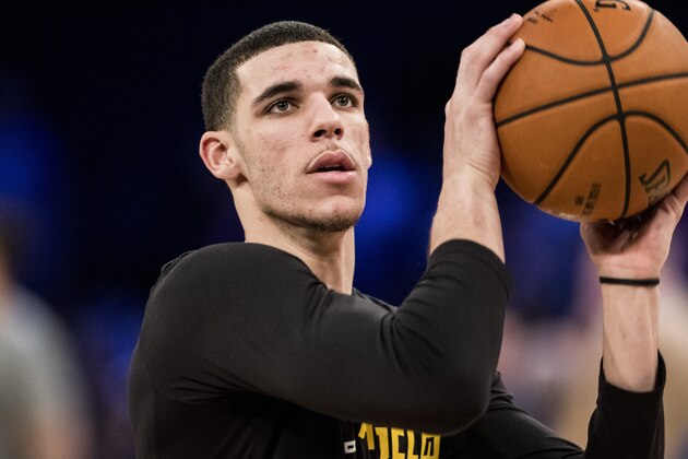 NEW YORK, NY - DECEMBER 12: Lonzo Ball #2 of the Los Angeles Lakers warms up before the game against the New York Knicks at Madison Square Garden on December 12, 2017 in New York City. NOTE TO USER: User expressly acknowledges and agrees that, by downloading and or using this photograph, User is consenting to the terms and conditions of the Getty Images License Agreement. (Photo by Matteo Marchi/Getty Images)