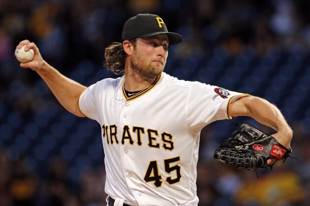 Pittsburgh Pirates starting pitcher Gerrit Cole delivers in the first inning of a baseball game against the St. Louis Cardinals, Saturday, Sept. 23, 2017 in Pittsburgh. (AP Photo/Gene J. Puskar)