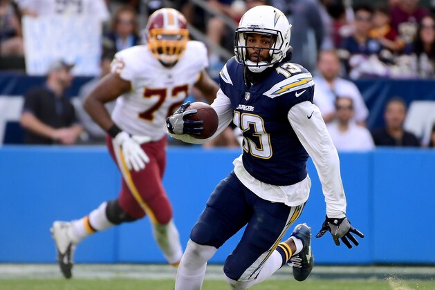 CARSON, CA - DECEMBER 10:  Keenan Allen #13 of the Los Angeles Chargers runs after his catch during the second quarter against the Washington Redskins at StubHub Center on December 10, 2017 in Carson, California.  (Photo by Harry How/Getty Images)