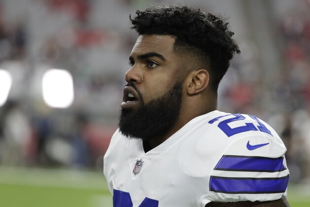 Dallas Cowboys running back Ezekiel Elliott (21) during an NFL football game against the Arizona Cardinals, Monday, Sept. 25, 2017, in Glendale, Ariz. (AP Photo/Rick Scuteri)
