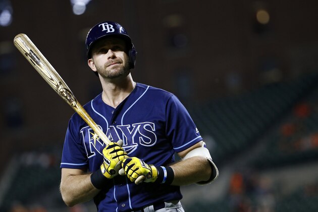 Tampa Bay Rays' Evan Longoria walks off the field after striking out in the ninth inning of a baseball game against the Baltimore Orioles in Baltimore, Thursday, Sept. 21, 2017. Baltimore won 3-1. (AP Photo/Patrick Semansky)