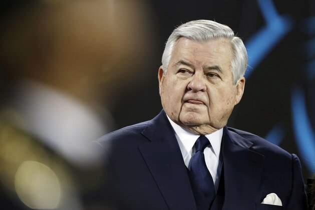 Carolina Panthers owner Jerry Richardson watches before the NFL football NFC Championship game against the Arizona Cardinals, Sunday, Jan. 24, 2016, in Charlotte, N.C. (AP Photo/Bob Leverone)