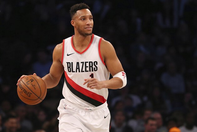 Portland Trail Blazers guard Evan Turner (1) in action against the Brooklyn Nets during an NBA basketball game in New York, Friday, Nov. 24, 2017. (AP Photo/Rich Schultz)