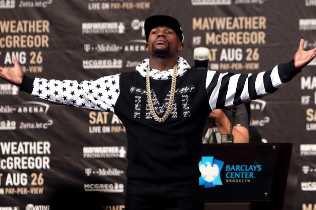 NEW YORK, NY - JULY 13:  Floyd Mayweather Jr. speaks during the Floyd Mayweather Jr. v Conor McGregor World Press Tour event at Barclays Center on July 13, 2017 in the Brooklyn borough of New York City.  (Photo by Mike Lawrie/Getty Images)