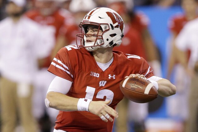 Wisconsin quarterback Alex Hornibrook throws during the second half of the Big Ten championship NCAA college football game against Ohio State, Saturday, Dec. 2, 2017, in Indianapolis. (AP Photo/Michael Conroy)