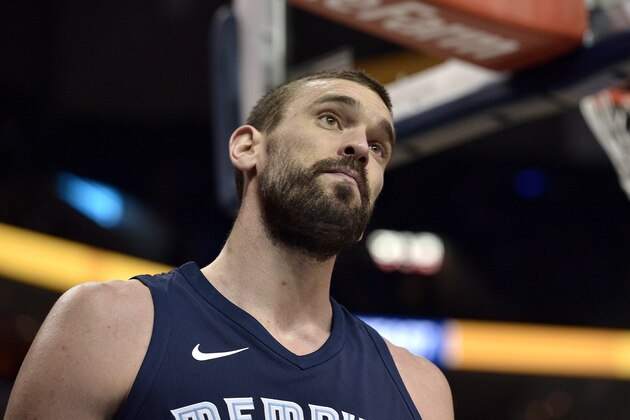 Memphis Grizzlies center Marc Gasol stands on the court in the first half of an NBA basketball game against the Atlanta Hawks Friday, Dec. 15, 2017, in Memphis, Tenn. (AP Photo/Brandon Dill)