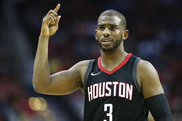 Houston Rockets guard Chris Paul reacts after he was fouled during the second half of an NBA basketball game against the New York Knicks, Saturday, Nov. 25, 2017, in Houston. Paul thought it should have been a shooting foul. Houston won 117-102. (AP Photo/Eric Christian Smith) Houston Rockets guard Chris Paul reacts after he was fouled during the second half of an NBA basketball game against the New York Knicks, Saturday, Nov. 25, 2017, in Houston. Paul thought it should have been a shooting foul. Houston won 117-102. (AP Photo/Eric Christian Smith)