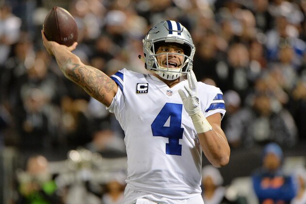 OAKLAND, CA - DECEMBER 17:  Dak Prescott #4 of the Dallas Cowboys looks to pass against the Oakland Raiders during their NFL game at Oakland-Alameda County Coliseum on December 17, 2017 in Oakland, California.  (Photo by Don Feria/Getty Images)