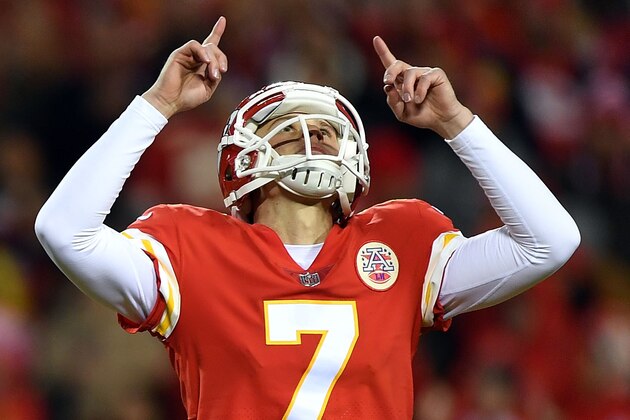 KANSAS CITY, MO - DECEMBER 16:  Kicker Harrison Butker #7 of the Kansas City Chiefs celebrates after kicking a field goal during the game against the Los Angeles Chargers at Arrowhead Stadium on December 16, 2017 in Kansas City, Missouri.  (Photo by Peter Aiken/Getty Images)
