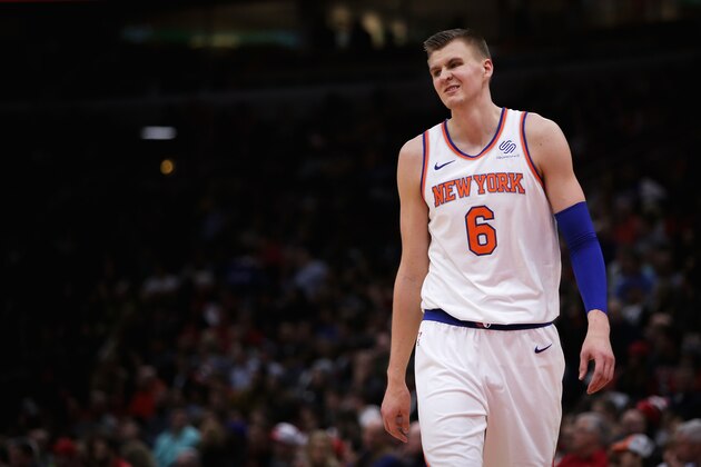CHICAGO, IL - DECEMBER 09:  Kristaps Porzingis #6 of the New York Knicks walks across the court in the second quarter against the Chicago Bulls at the United Center on December 9, 2017 in Chicago, Illinois. NOTE TO USER: User expressly acknowledges and agrees that, by downloading and or using this photograph, User is consenting to the terms and conditions of the Getty Images License Agreement. (Photo by Dylan Buell/Getty Images)