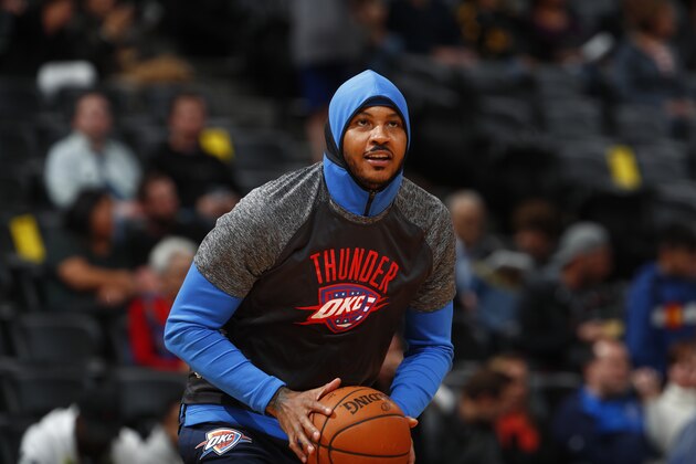 Oklahoma City Thunder forward Carmelo Anthony (7) in the first half of an NBA basketball game Thursday, Nov. 9, 2017. (AP Photo/David Zalubowski)