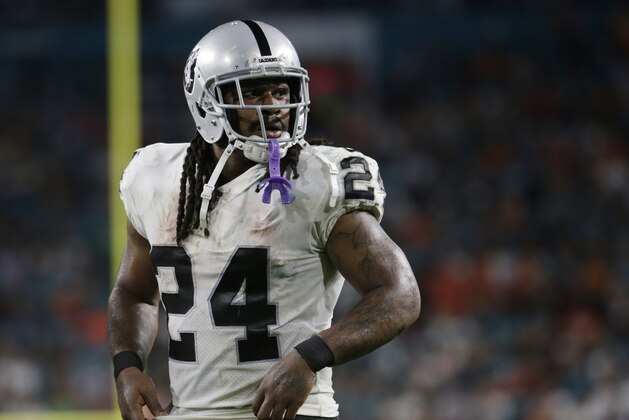 Oakland Raiders running back Marshawn Lynch (24) on the field, during the second half of an NFL football game against the Miami Dolphins, Sunday, Nov. 5, 2017, in Miami Gardens, Fla. (AP Photo/Lynne Sladky)