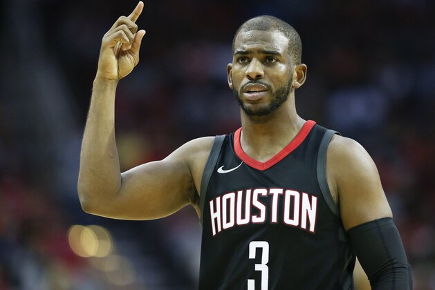 Houston Rockets guard Chris Paul reacts after he was fouled during the second half of an NBA basketball game against the New York Knicks, Saturday, Nov. 25, 2017, in Houston. Paul thought it should have been a shooting foul. Houston won 117-102. (AP Photo/Eric Christian Smith)