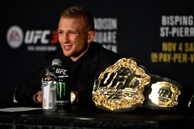 NEW YORK, NY - NOVEMBER 04:  TJ Dillashaw speaks to the media during the UFC 217 post fight press conference event inside Madison Square Garden on November 4, 2017 in New York City. (Photo by Jeff Bottari/Zuffa LLC/Zuffa LLC via Getty Images)