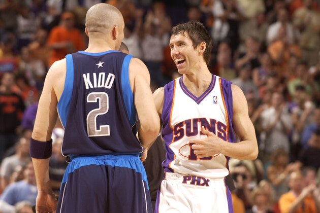 PHOENIX - APRIL 6: Steve Nash #13 of the Phoenix Suns has a laugh with Jason Kidd #2 of the Dallas Mavericks before their NBA game played at U.S. Airways Center on April 6, 2008 in Phoenix, Arizona. NOTE TO USER: User expressly acknowledges and agrees that, by downloading and or using this photograph, user is consenting to the terms and conditions of the Getty Images License Agreement. Mandatory Copyright Notice: Copyright 2008 NBAE (Photo by Barry Gossage/NBAE via Getty Images)