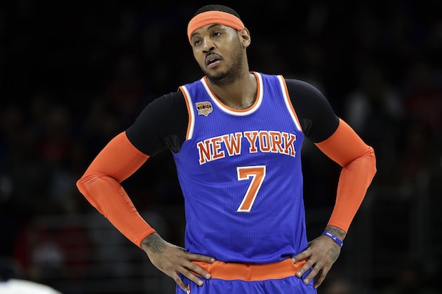 FILE - In this Jan. 11, 2017, file photo, New York Knicks' Carmelo Anthony looks on during a break in an NBA basketball game against the Philadelphia 76ers in Philadelphia. Phil Jackson may be trying to trade Anthony because he's given up trying to change him. That seemed to be the conclusion when the Knicks president of basketball operations broke his Twitter silence with a tweet that was another dig at the star forward.  (AP Photo/Matt Slocum, File)