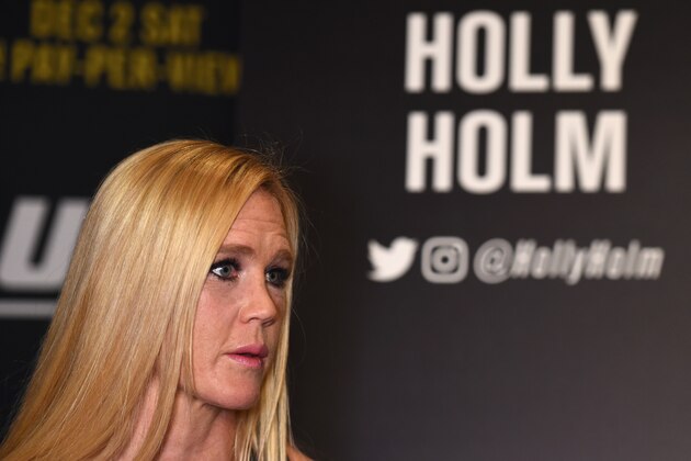 DETROIT, MI - NOVEMBER 30:  Holly Holm interacts with media ahead of her UFC 219 fight against Cris Cyborg during the UFC 218 Ultimate Media Day at the DoubleTree Hotel on November 30, 2017 in Detroit, Michigan. (Photo by Josh Hedges/Zuffa LLC via Getty Images)