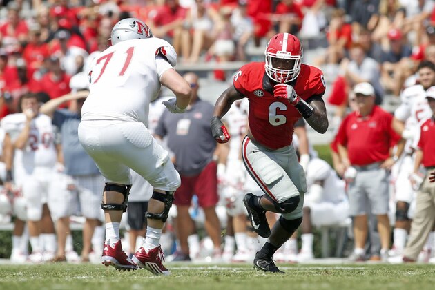 Georgia linebacker Natrez Patrick (6) rushes the passer in the second half of an NCAA college football game against Nicholls, Saturday, Sept. 10, 2016, in Athens, Ga. Georgia won 26-24. (AP Photo/Brett Davis)