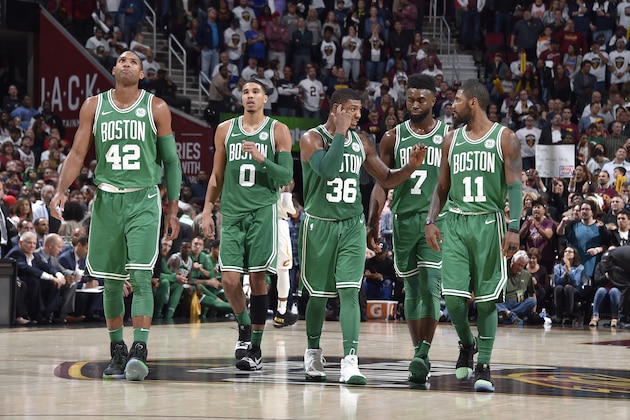 CLEVELAND, OH - OCTOBER 17:  Al Horford #42, Jayson Tatum #0, Marcus Smart #36, Jaylen Brown #7 and Kyrie Irving #11 of the Boston Celtics during the game against the Cleveland Cavaliers on October 17, 2017 at Quicken Loans Arena in Cleveland, Ohio.  NOTE TO USER: User expressly acknowledges and agrees that, by downloading and or using this Photograph, user is consenting to the terms and conditions of the Getty Images License Agreement. Mandatory Copyright Notice: Copyright 2017 NBAE (Photo by David Liam Kyle/NBAE via Getty Images)