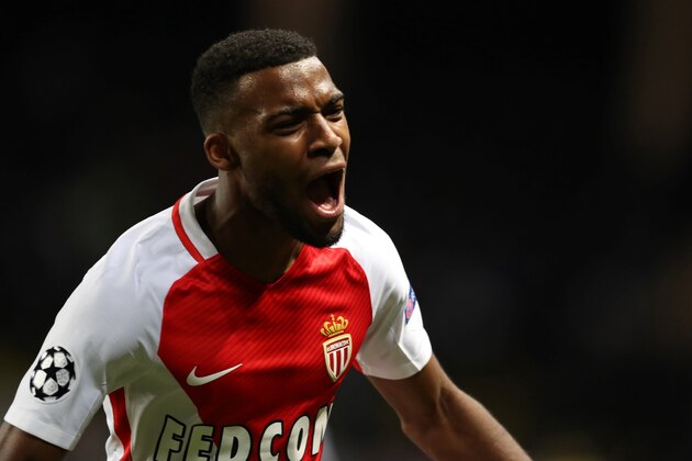 Monaco's French midfielder Thomas Lemar celebrates after scoring during the UEFA Champions League group E football match AS Monaco and Tottenham Hotspur FC at the Louis II stadium in Monaco on November 22, 2016. / AFP PHOTO / Valery HACHE        (Photo credit should read VALERY HACHE/AFP/Getty Images)