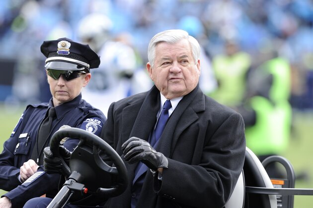 Carolina Panthers Jerry Richardson moves on the field before the first half of an NFL divisional playoff football game against the Seattle Seahawks, Sunday, Jan. 17, 2016, in Charlotte, N.C. (AP Photo/Mike McCarn)