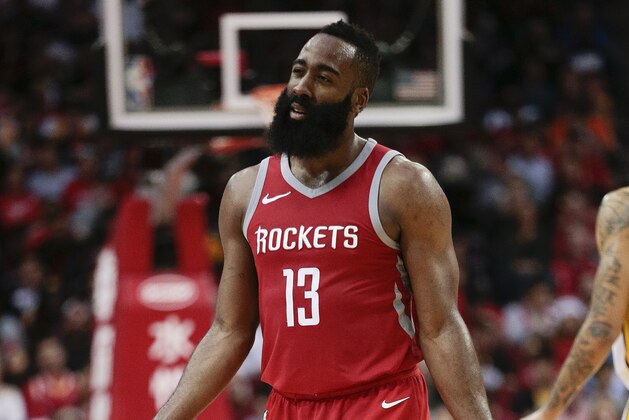 HOUSTON, TX - DECEMBER 20:  James Harden #13 of the Houston Rockets pleads his case with the official after a foul was called on him against the Los Angeles Lakers at Toyota Center on December 20, 2017 in Houston, Texas. NOTE TO USER: User expressly acknowledges and agrees that, by downloading and or using this photograph, User is consenting to the terms and conditions of the Getty Images License Agreement.  (Photo by Bob Levey/Getty Images)