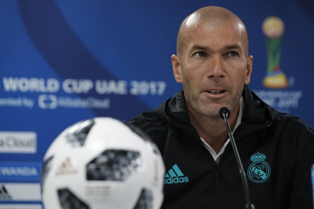 Real Madrid's head coach Zinedine Zidane speaks during a press conference at Zayed sport city in Abu Dhabi, United Arab Emirates, Friday, Dec. 15, 2017. Real Madrid will play against Gremio on Saturday in the Club World Cup final soccer match. (AP Photo/Hassan Ammar)