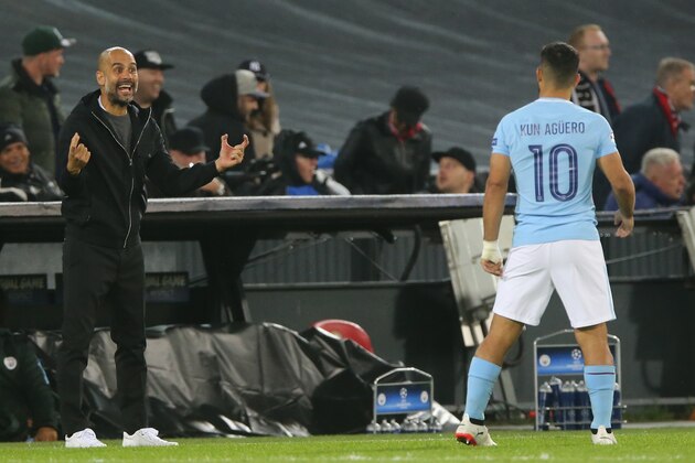 coach Pep Guardiola of Manchester City, Sergio Aguero of Manchester City during the UEFA Champions League group F match between Feyenoord Rotterdam and Manchester City at the Kuip on September 13, 2017 in Rotterdam, The Netherlands(Photo by VI Images via Getty Images)