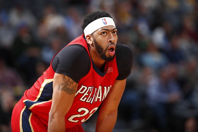 New Orleans Pelicans forward Anthony Davis (23) in the first half of an NBA basketball game Friday, Dec. 15, 2017, in Denver. (AP Photo/David Zalubowski)