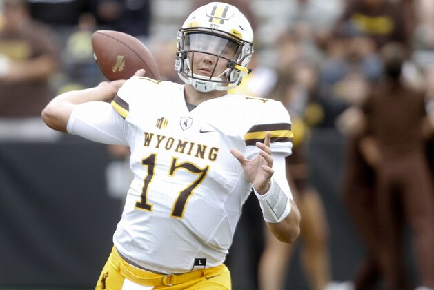 IOWA CITY, IOWA- SEPTEMBER 2:  Quarterback Josh Allen #17 of the Wyoming Cowboys warms up before the match-up against the Iowa Hawkeyes, on September 2, 2017 at Kinnick Stadium in Iowa City, Iowa.  (Photo by Matthew Holst/Getty Images)