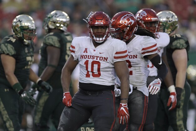 Houston defensive tackle Ed Oliver (10) during the first half of an NCAA college football game against South Florida Saturday, Oct. 28, 2017, in Tampa, Fla. (AP Photo/Chris O'Meara)